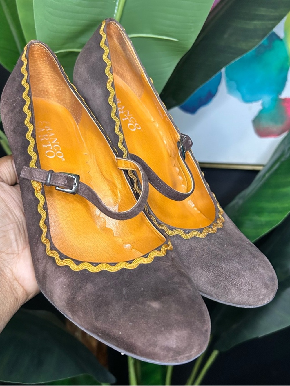Franco Sarto Brown Suede Mary Jane Heels with Orange Trim